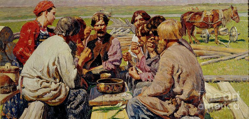 A group of Ruthenian field workers sharing a meal. Stack of timber and a workhorse in background. Drawing from Tretyakovska Gallery.
