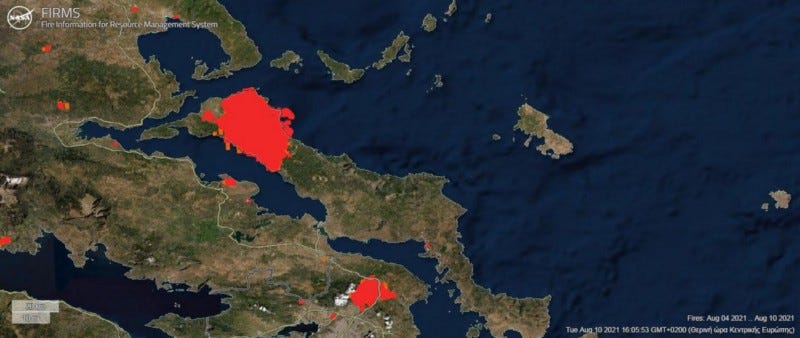 Burned area in northern part of the island Evia, Greece from August 4- August 10 2021 (image from
 FIRMS)