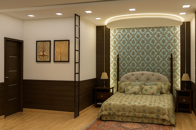 This elegant classic bedroom interior features a beautifully patterned wallpaper accent wall, upholstered headboard, and warm wooden paneling for a timeless appeal. Soft ambient ceiling lighting, matching bedside tables, and decorative wall art enhance the cozy atmosphere. The combination of rich wood finishes and neutral tones creates a sophisticated, comfortable space ideal for modern homes seeking a blend of luxury and traditional charm.