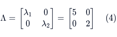 The eigenvalues of A written as diagonal matrix Λ. The first eigenvalue is the corresponding eigenvalue to the first eigenvector in X. The second eigenvalue corresponds to the second eigenvector in X.