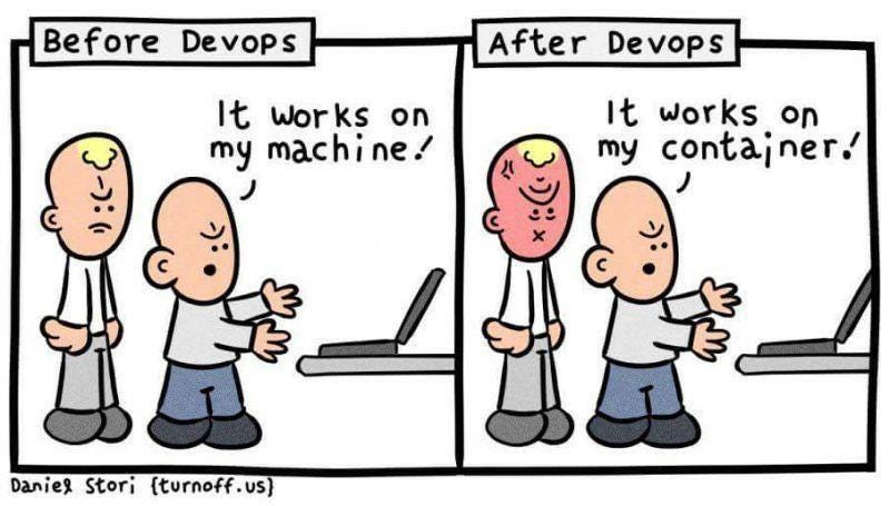 A comics page illustrating the “it works on my machine” joke.