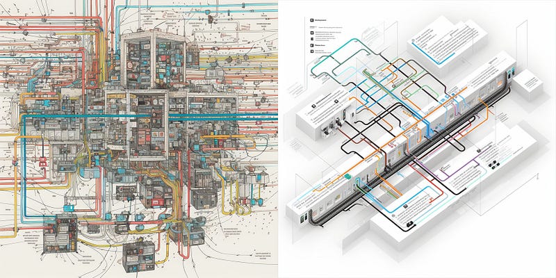 Two images side by side, one showing a complex interconnected set of components that is impossible to grasp and another showing an excellent organized system.