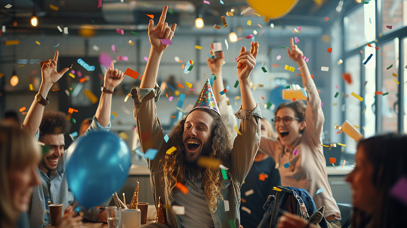 a team celebrating a project milestone with a small office party