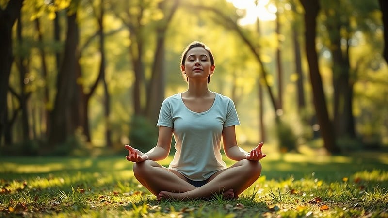 Image of a person sitting cross-legged in a serene natural setting, with soft sunlight filtering through the trees.