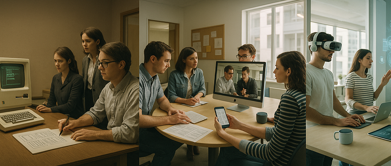 A panoramic photo showing the evolution of UX Design across decades. On the left, a team in the 1980s works on a green-screen computer while sketching wireframes on paper. In the middle, a group from the 2000s collaborates around a modern desktop computer and smartphone. On the right, a present-day team experiments with VR headsets, laptops, and large interactive displays. The image blends past, present, and future approaches to design in one scene.