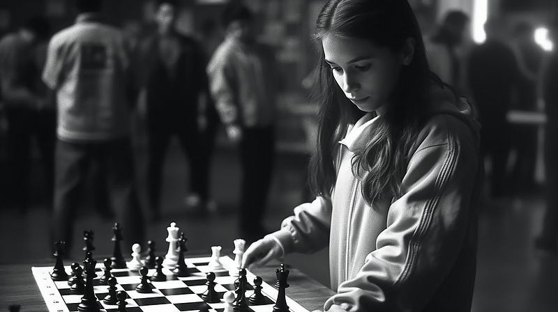 A young girl playing a simultaneous chess session.