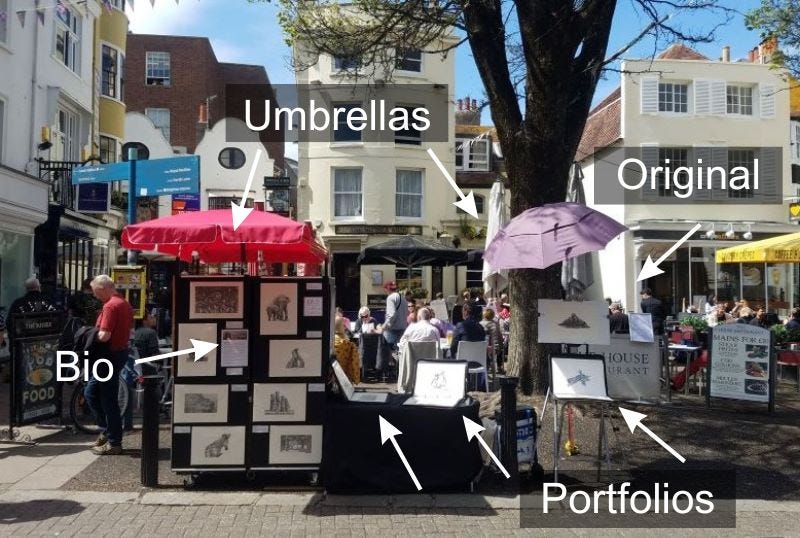 Street Market stall setup for selling art prints on the street in UK