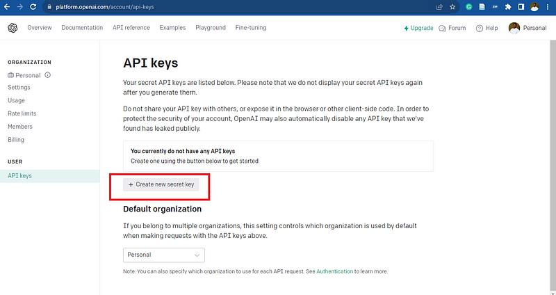 screenshot of creating an API key in OpenAI