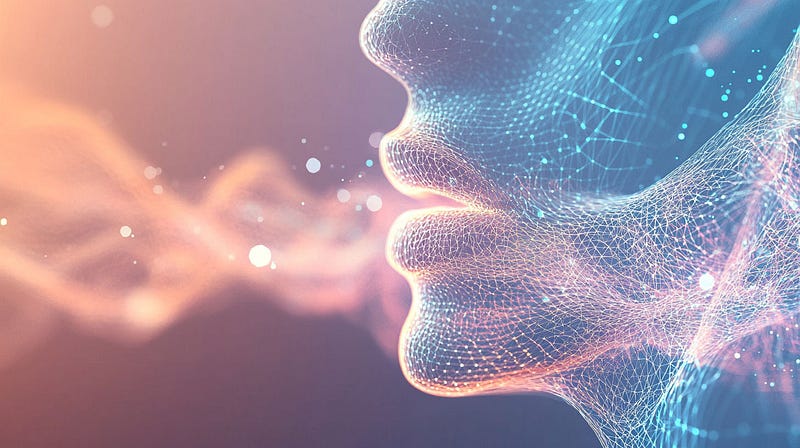 Abstract digital mesh forming a face profile against a dreamy background blending blue and coral pink. Glowing particles and