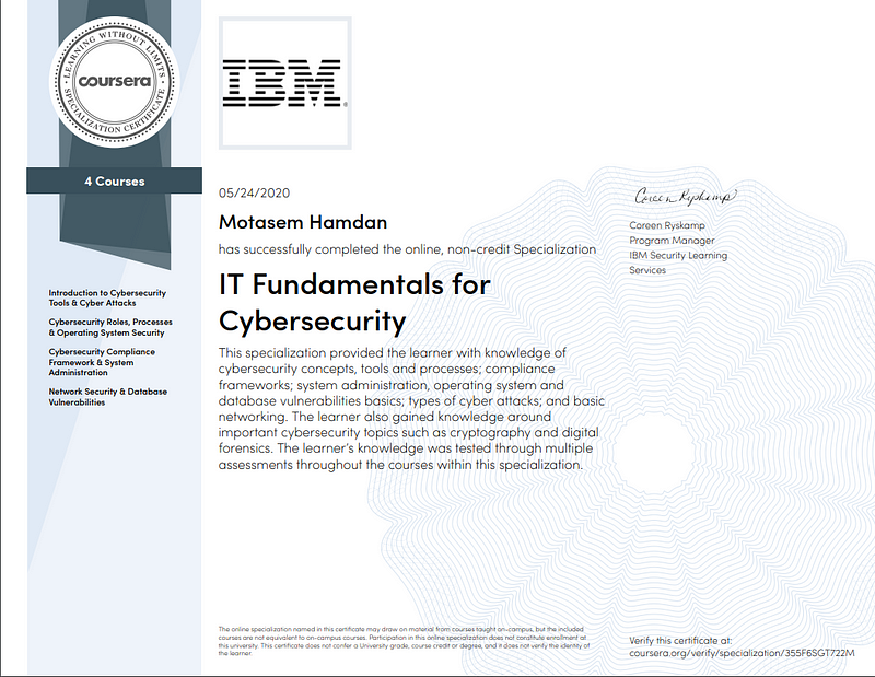 IBM IT Fundamentals for Cybersecurity Certificate Review Coursera