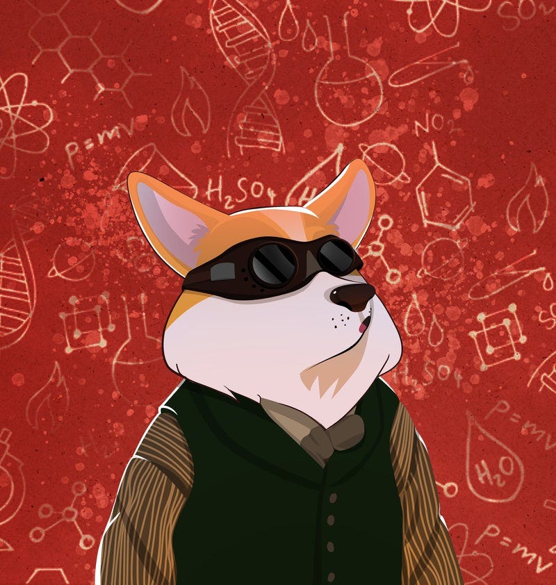 illustrated cartoon dog in clothes and googles with science and math drawings in the background