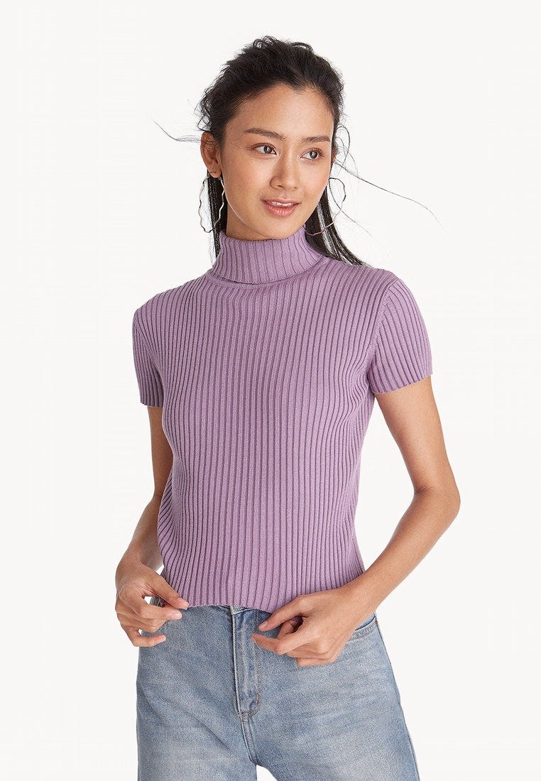 Jual Pomelo Ribbed Turtle Neck Crop Top Purple Original ZALORA