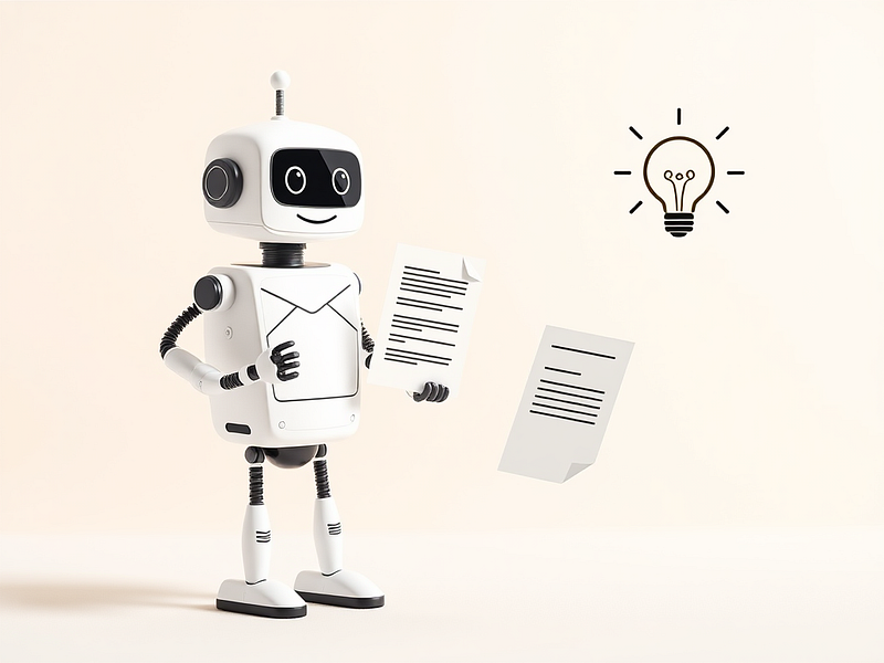 A friendly, approachable robot handing a person a neatly written email, a summarised document with bullet points, and a lightbulb representing ideas. Soft, clean background. Minimalist and encouraging style.