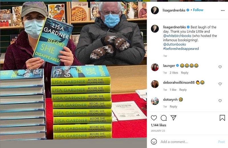 Gardner posts a photoshopped photo at a book signing with Bernie Sanders (from the inauguration)sitting beside her.