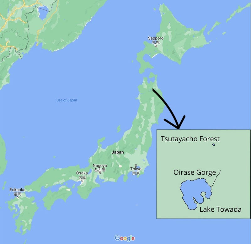 Map showing the locations of Lake Towada, Oirase Gorge, and Tsutayacho Forest in northern Honshu Island, Japan.