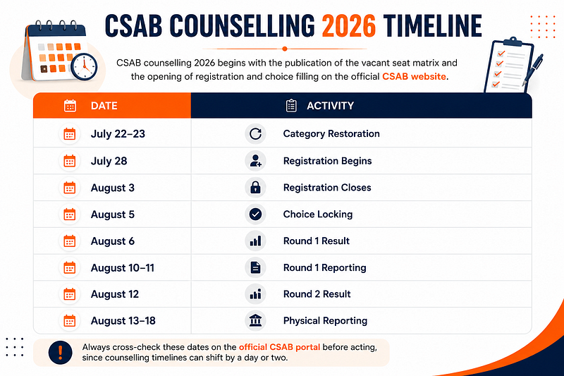Timeline infographic showing the important dates for CSAB Counselling 2026, including registration, choice filling, seat allotment, reporting, and physical admission.