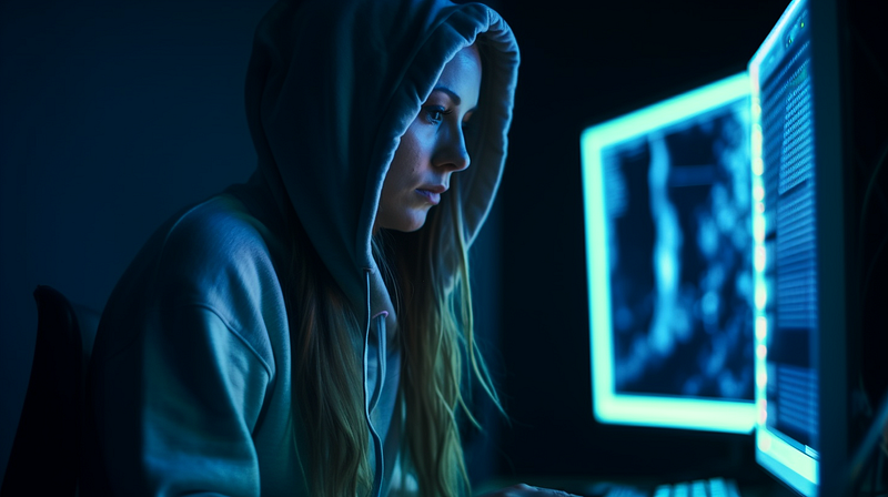 A girl with long hair and a hoody in front of two screens and a keyboard.