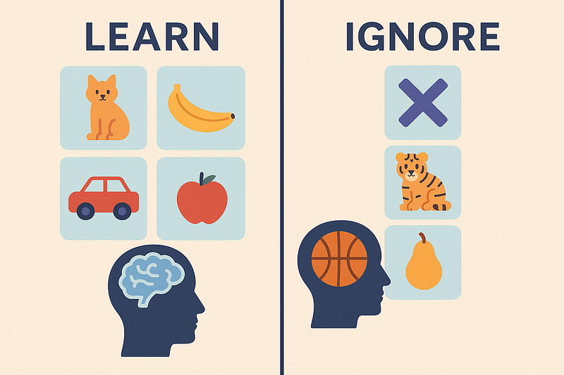 A split-screen digital illustration titled “Learn” vs. “Ignore.” On the left, under “Learn,” are simple icons of a cat, banana, car, and apple in blue squares, with a human head silhouette showing a brain. On the right, under “Ignore,” are a purple X, tiger cub, basketball, and pear, with a human head silhouette containing a basketball instead of a brain — symbolizing incorrect learning. The image visualizes the concept of training AI by selecting what to learn and what to exclude.