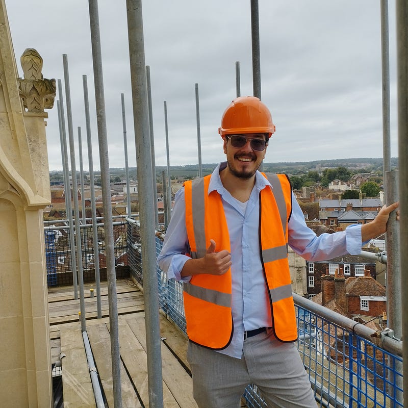 Antonello Mirone on top of the Scaffolding at Canterbury Cathedral (restoration in progress, 2023).