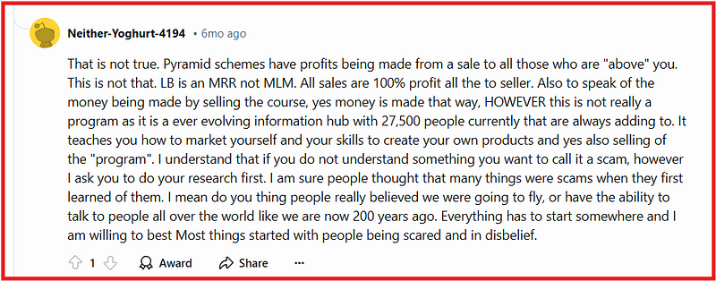 a user defending legacy builders program on reddit discussions