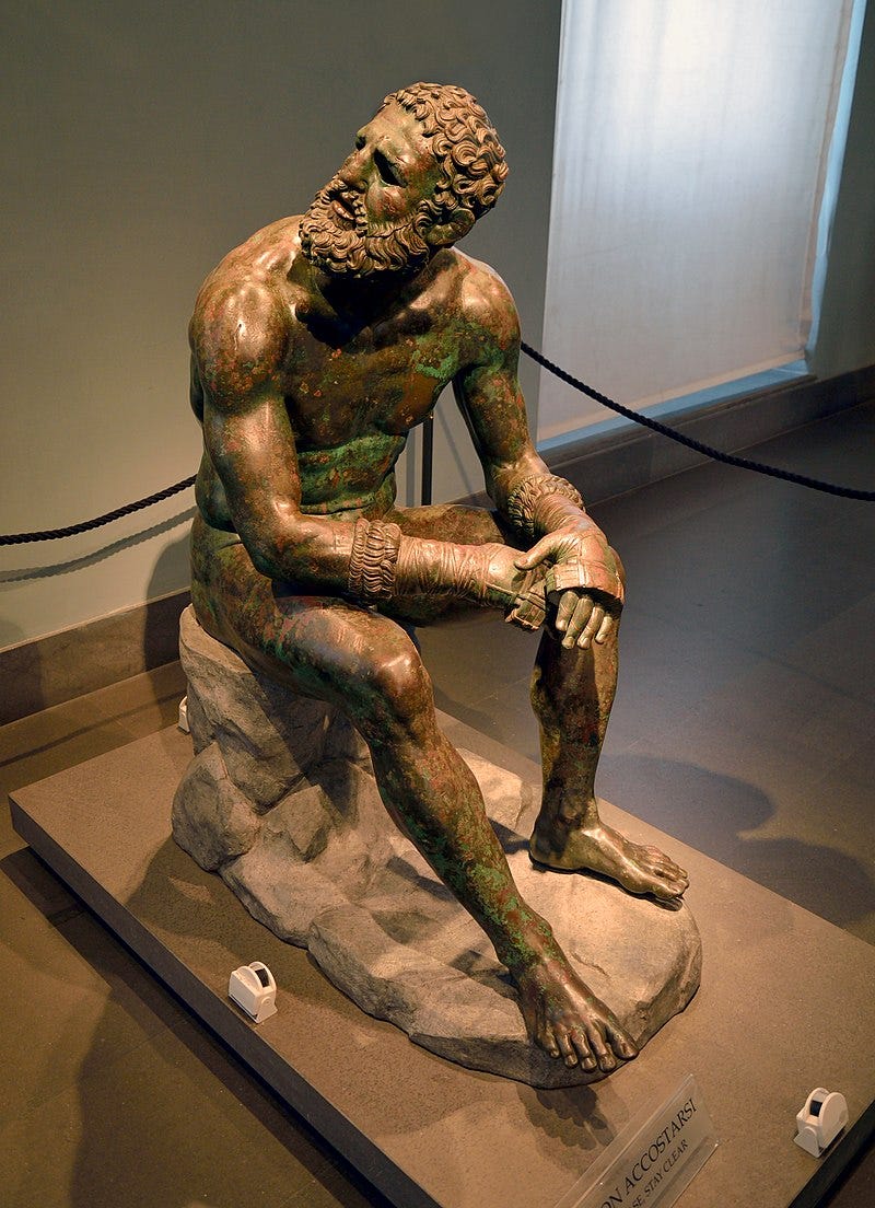 The Boxer At Rest statue, depicting an ancient Greek boxer, presumably after having lost a match, dated from 330 to 50 BC.