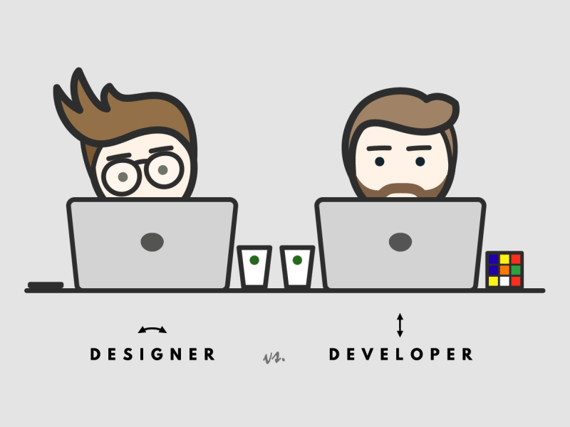 Illustration of a designer and developer sitting side by side with a cup of coffee.
