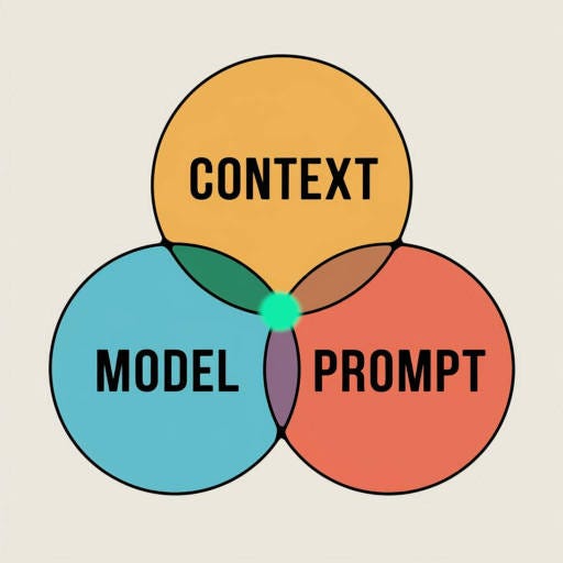 A Venn diagram showing three overlapping circles in orange, teal, and coral. The circles are labeled ‘CONTEXT’, ‘MODEL’, and ‘PROMPT’ respectively, with a bright green dot at their intersection point. The background is a warm beige color.