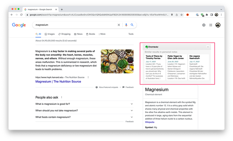 Screenshot of a Google search for “Magnesium”, with the Evernote extension showing results for the same query that it found in my personal notes.