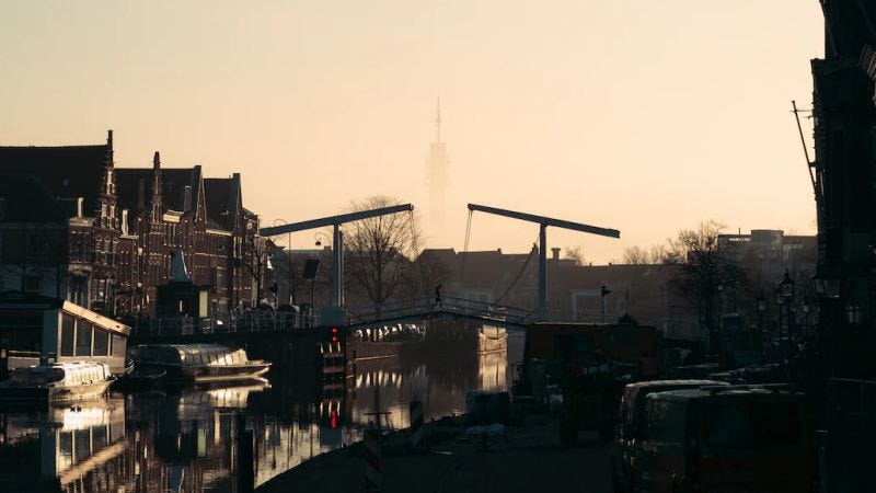 wooden bridge across a canal in Haarlem city