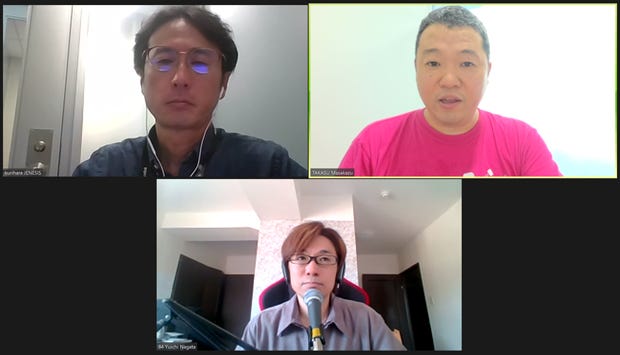 JENESIS栗原氏(左上)、ゆーいちさん(中央下)。東京と深圳をつないで、Zoomで取材した。
