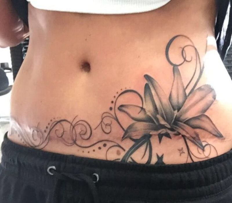 Lily Flower Tummy Tuck Cover-up Tattoo