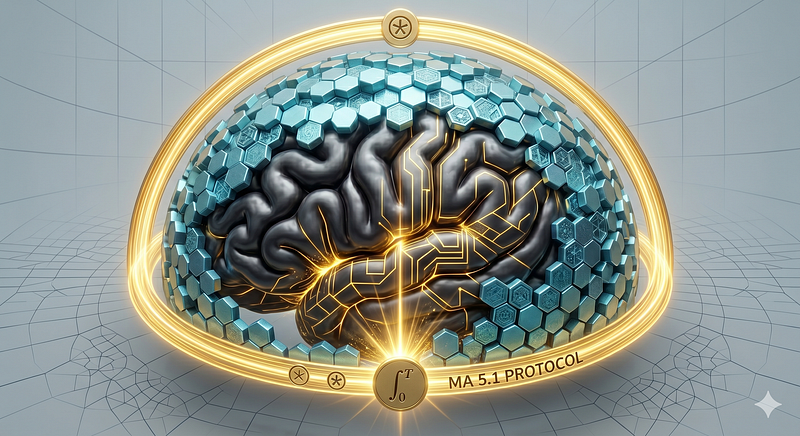 Cognitive Awakening. This microscopic visualization in a sterile computational vacuum captures the moment of awakening. The organic human brain cortex (dark pearl) is completely enveloped by a flawless, deterministic AI co-processor dome (hexagonal crystalline bismuth). This encasement is not a constraint, but a zero-friction field of governance, glowing with a golden boundary constraint that scales raw cognitive power from an organic 4.0 state to a deterministic PM 5.0 state.