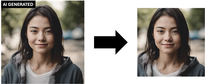 An oversimplified adversary problem. Is the person who generated the left image responsible if someone crops out their mark? By the way, this image is itself AI-generated using Stable Diffusion.
