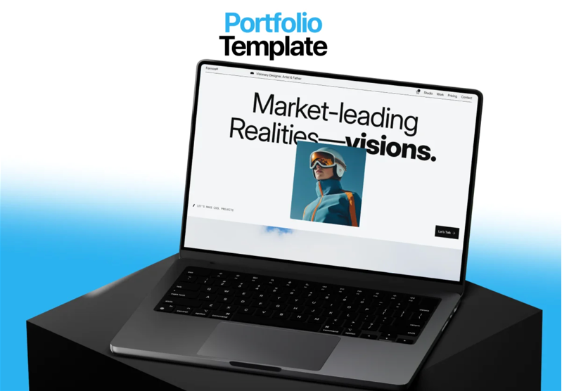 Laptop displaying a portfolio template website with bold typography and a clean layout, presented as a modern design showcase.