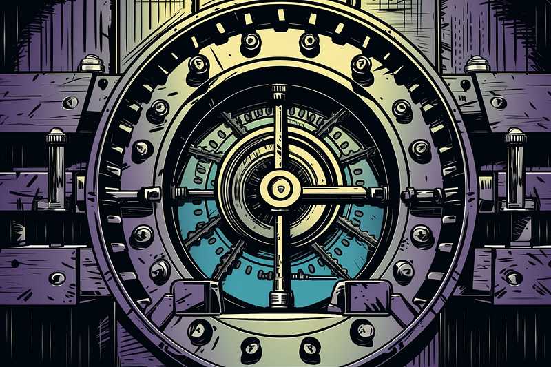 The front of a bank vault in the style of a graphic novel