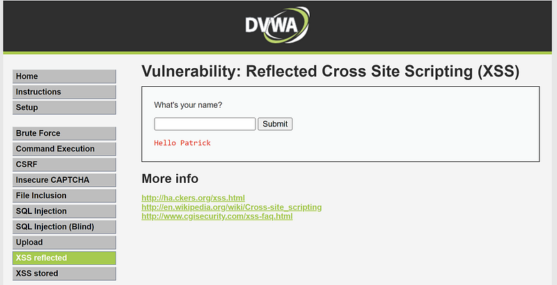A screenshot of the home page of the Damn Vulnerable Web Application (DVWA)