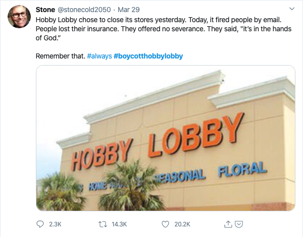 Hobby Lobby Tweet describing poor employee experience during Covid-19
