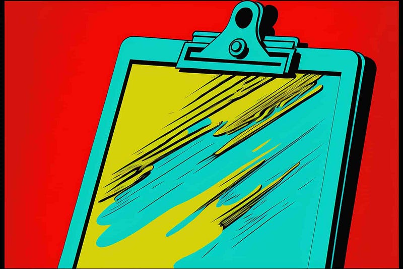 A blue clipboard with a red background, pop art