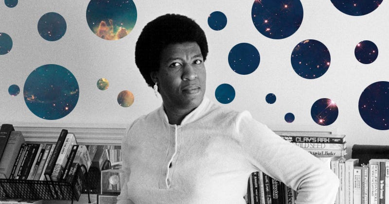 A portrait of Octavia Butler with celestial imagery in the background as representation of her science fiction connection.