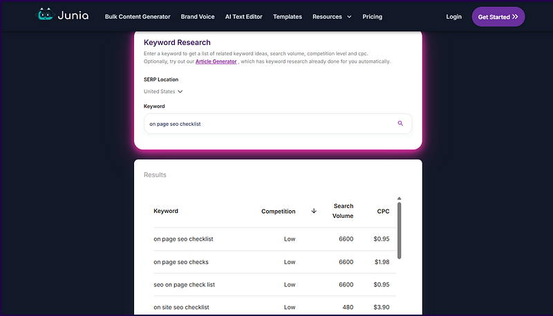 junia ai keyword research tool free