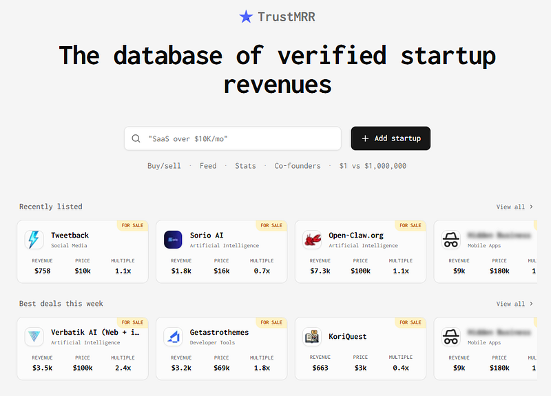 TrustMRR - The database of verified startup revenues