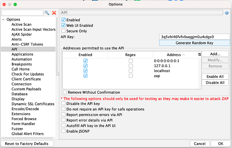 A screenshot of the API dialog of OWASP ZAP that shows a button to generate a new API key. The API key can be copied from a text field.