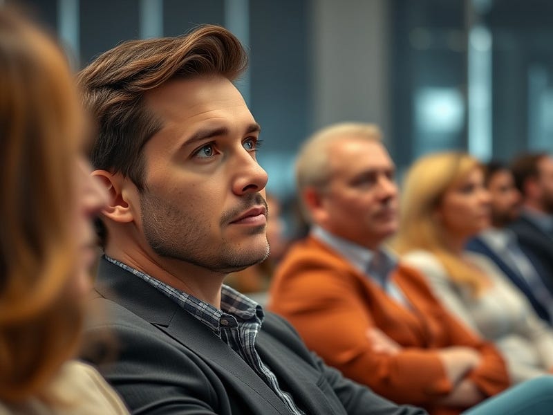 A person sitting in a meeting, calmly listening while others speak, with a look of thoughtful confidence.