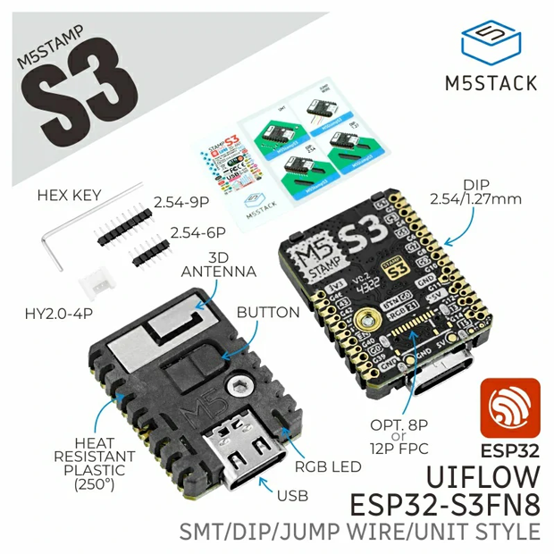 M5StampS3
製品に組み込むことを意図した、小さく拡張性の高いモデル。