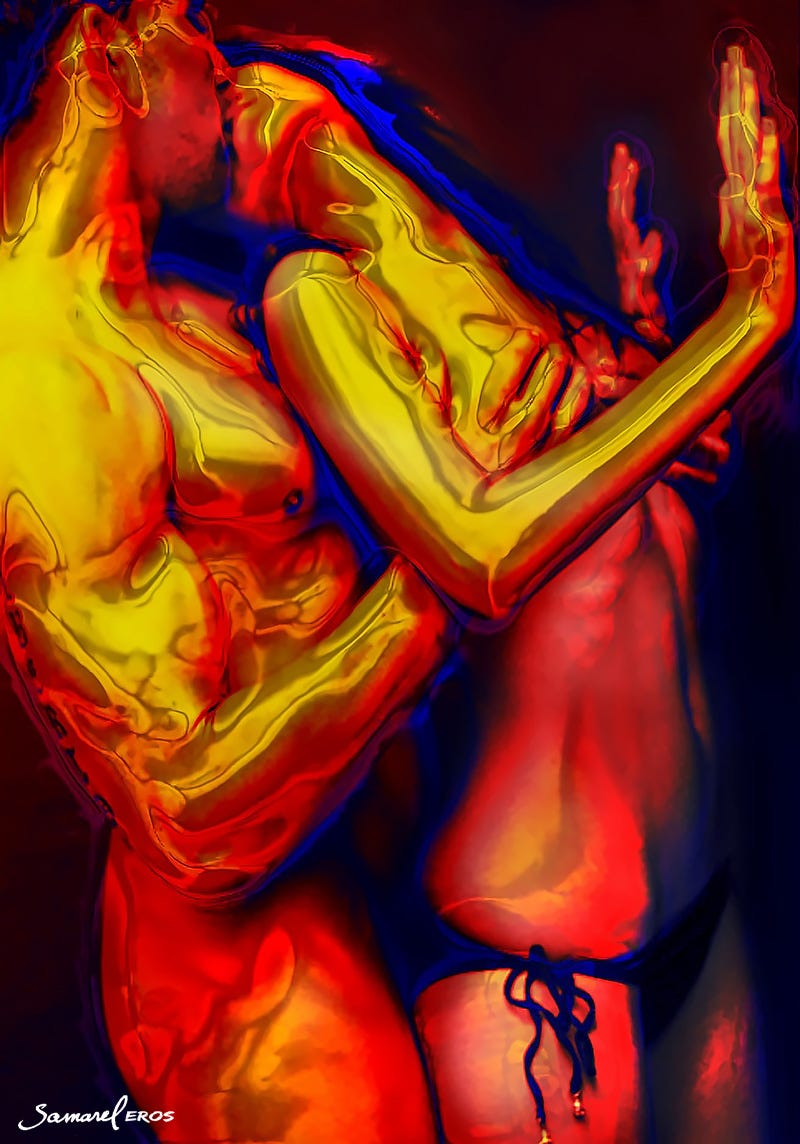 A couple in a sex act. man behind woman couping her breasts, they are standing, erotic sex art image with red tones