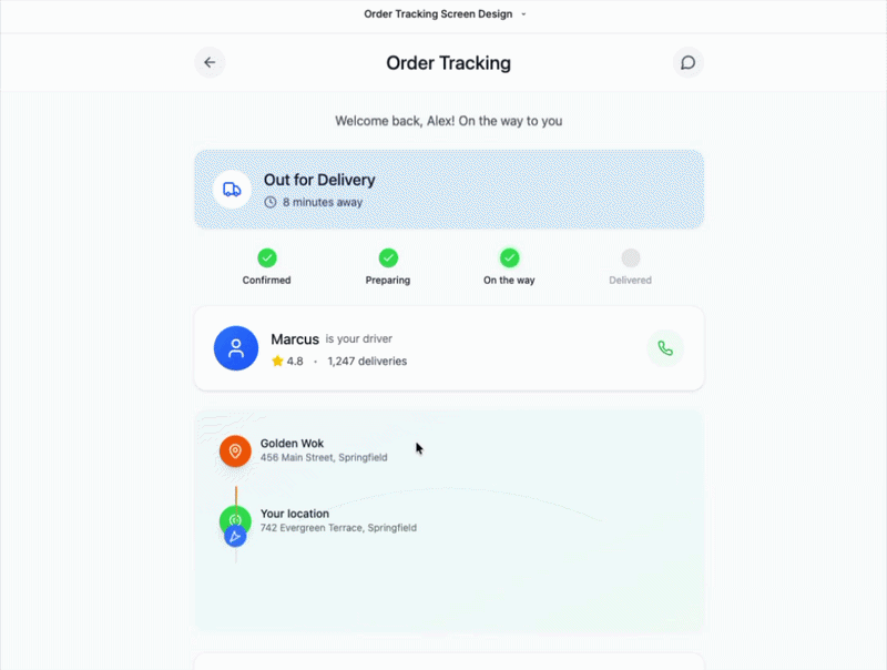 An animated order tracking screen showing a food delivery app UI. The screen displays an Out for Delivery status with an 8-minute ETA, a four-step progress tracker showing Confirmed, Preparing, and On the way as completed, and Delivered as pending. Below that, a driver card shows Marcus with a 4.8 star rating and 1,247 deliveries, with a call button. A map below shows the route from Golden Wok at 456 Main Street to the user’s location at 742 Evergreen Terrace.