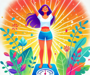 A vibrant illustration of a woman standing on a scale, raising her arms in joy and celebration of her weight loss success. Bright colors and floral designs surround her, symbolizing positivity, health, and empowerment.