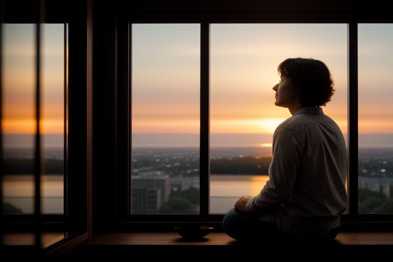 A person sitting alone looking out at a sunrise