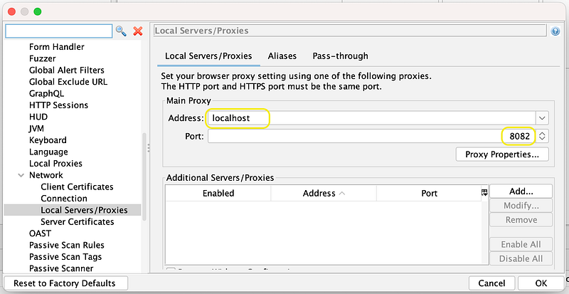 Screenshot of the options screen of ZAP to listen on localhost port 8082